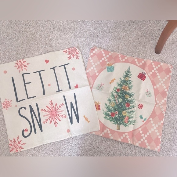 Set of 2 Christmas pillow covers pink Christmas linen blend NEW HOLIDAY DECOR - Picture 1 of 9
